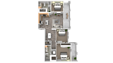 Floor plan for 3 beds, 2 baths, 1268 sqft